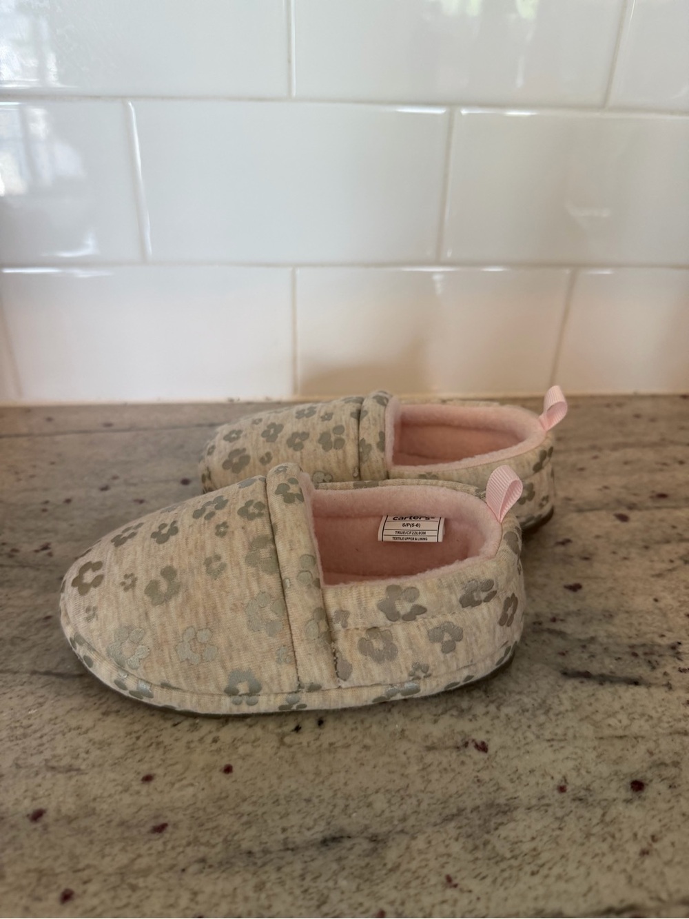 Carter's Beige Floral Slip-On Toddler Slippers with Pink Lining